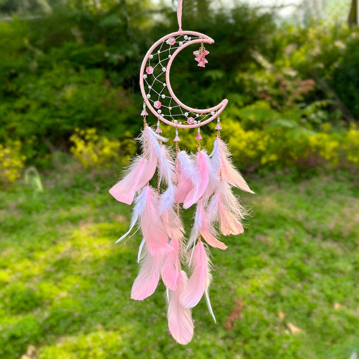 Wholesale Handmade Moon Feather Dream Catcher Macaron Color Decorative Wall Hanging MOQ≥2
