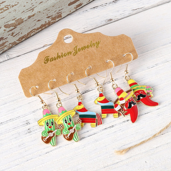 Wholesale Colorful Cactus Chili Maraca Charm Earring Set Party Wear Fashion Accessory