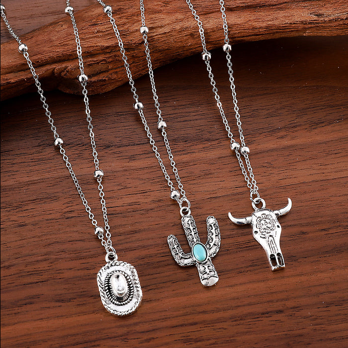 Wholesale Western cowboy retro ethnic style imitation turquoise alloy bull head combat boots hat pendant necklace