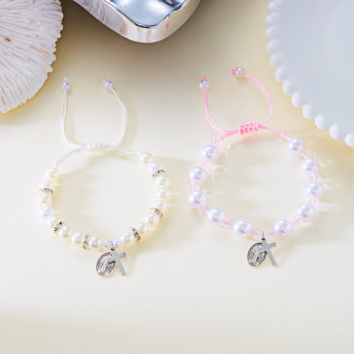 Wholesale Our Lady Cross Pearl Bracelet Gold Heart Imitation Pearl Bracelet