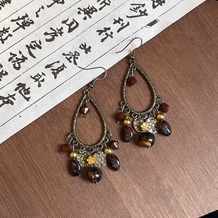 Wholesale Beaded tassel earrings, retro hollow water droplet earrings, long ear accessories