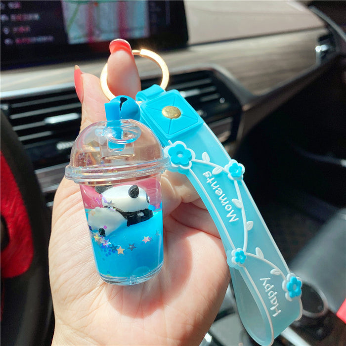 Wholesale Red Creative Girl's Heart Cute Panda Oil-filled Milk Tea Cup Floating Bottle Keychain Pendant quicksand pendant