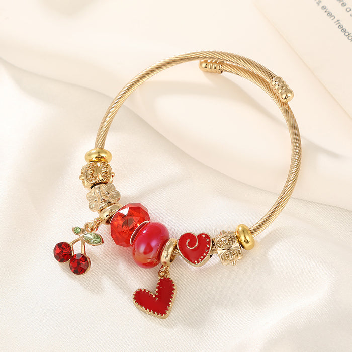 Wholesale Sweet Cherry Heart Bead Bracelet Women' s Stainless Steel Adjustable MOQ≥2