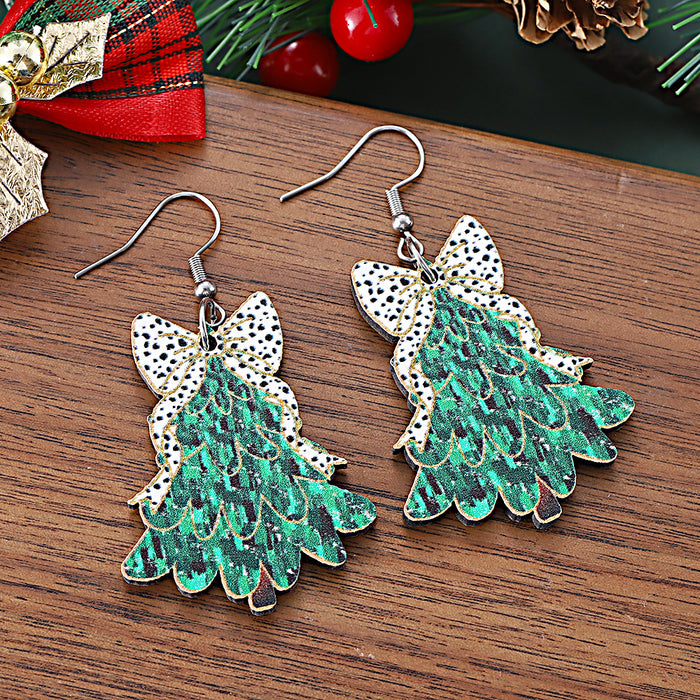 Wholesale Christmas cow print bow Christmas tree drop earrings