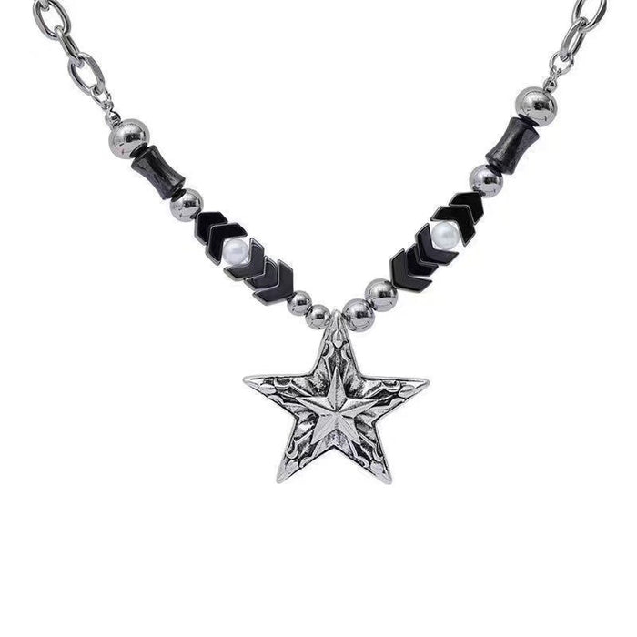 Wholesale Vintage silver bead necklace, simple, neutral, high-end pentagram pendant accessory
