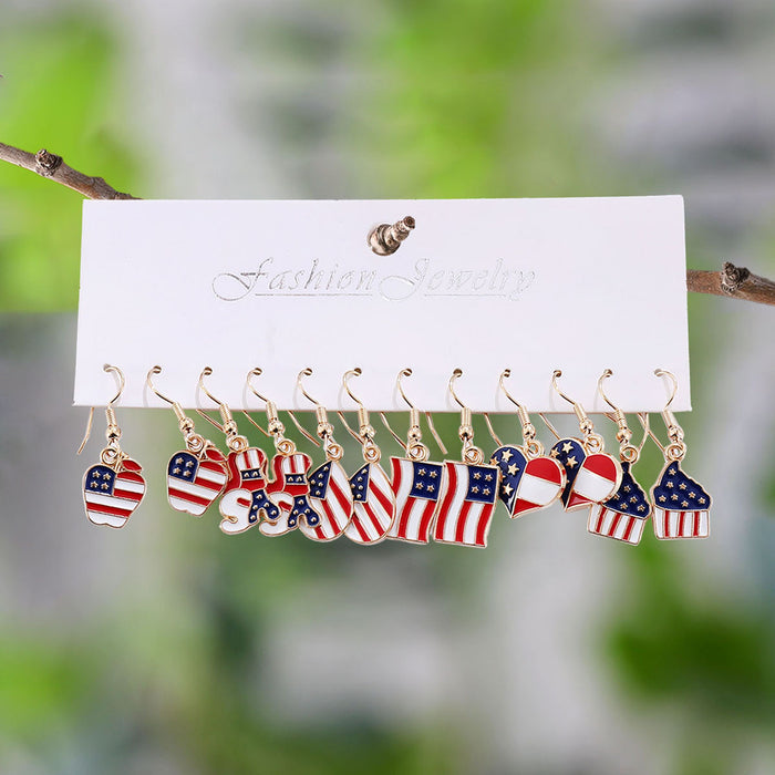 Wholesale Red White Blue Star Striped Heart Pendant Earring Set Patriotic Jewelry Accessory