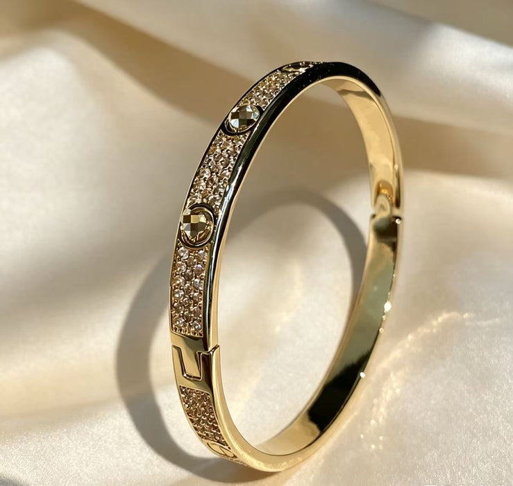 Wholesale Wide Round 3 Row Full Rhinestone Bracelet Gold Plated Copper Unisex Gift