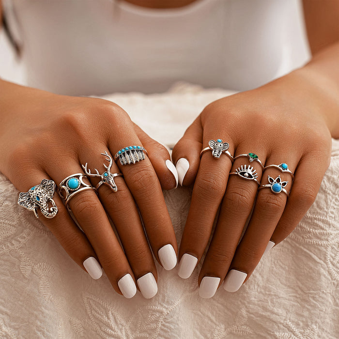 Wholesale 2pcs Retro Personalized Turquoise 9-Piece Set Ring