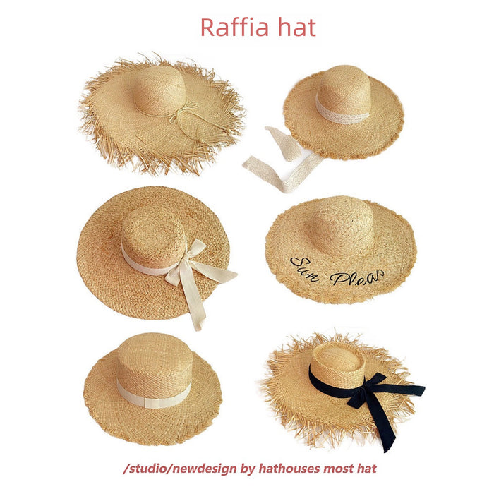 Wholesale Big brim frayed Lafite grass hat women's beach hat for beach vacation, sun protection and sunshade hat