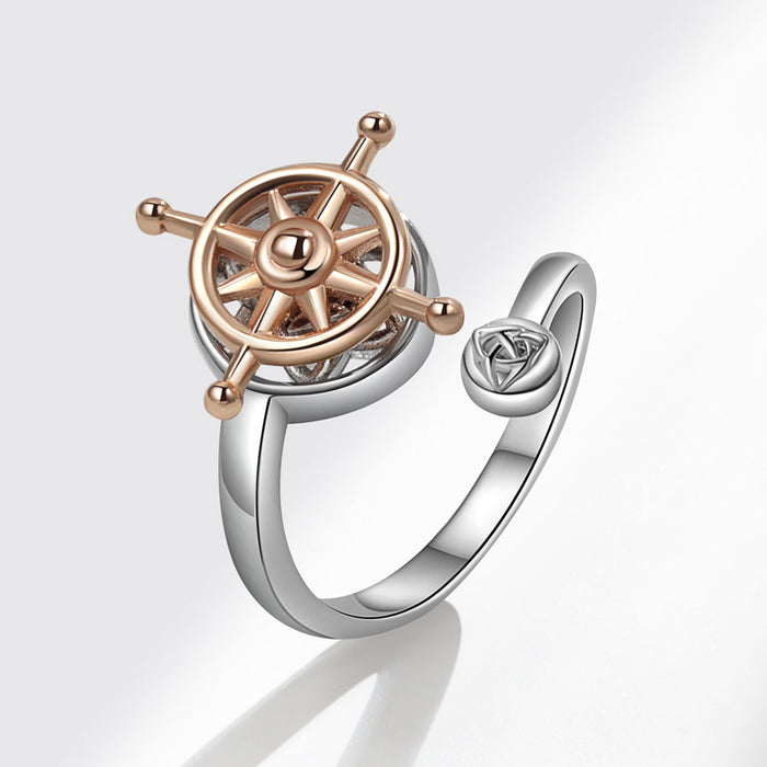 Wholesale Nautical Compass Ship Wheel Ring For Women Adjustable Gold Copper Open Band Trendy Fashion Jewelry Gift