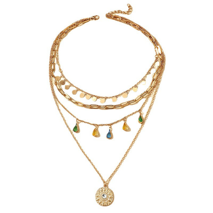 Wholesale Geometric Round Tassel Neck Chain Ring Rhinestone Tassel Pendant 4-Layer Necklace