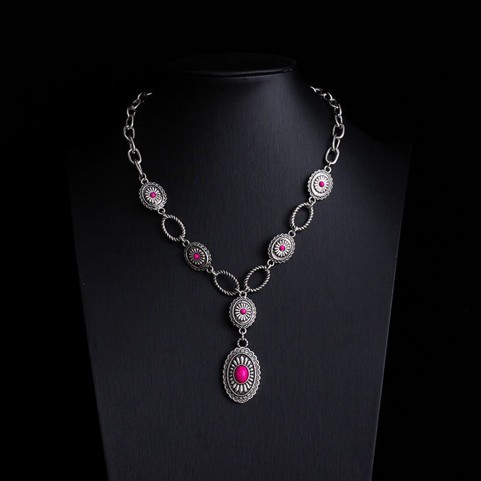 Wholesale Retro ethnic style turquoise necklace Western cowboy style stacking necklace high-end Bohemian sweater chain