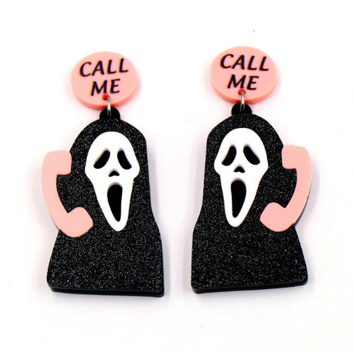 Wholesale Halloween Asymmetric Glitter Letters Pumpkin Knife Ghost Skull Skeleton Earrings JDC-ES-Zhanh010