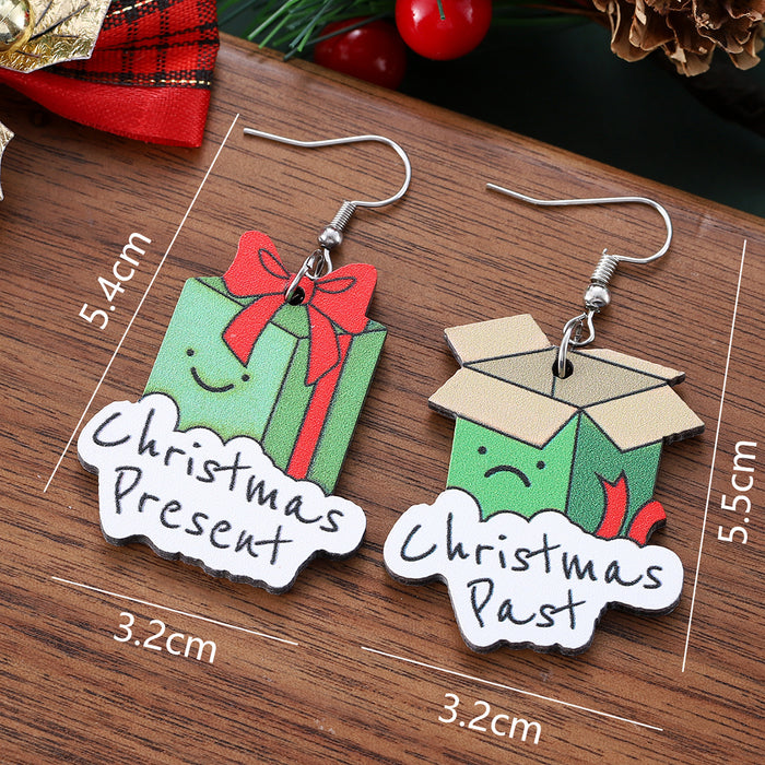 Wholesale Christmas gift box earrings,  vintage wooden double-sided asymmetrical earrings