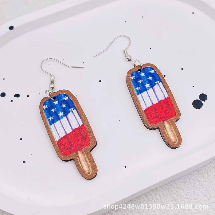 Wholesale American Independence Day Five-pointed Star Ice Cream Print Wooden Earrings JDC-ES-Susheng009