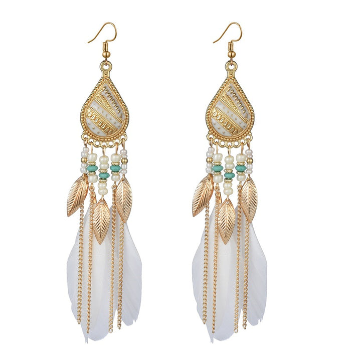 Wholesale Alloy Bohemian Feather Tassel Long Earrings JDC-ES-Gumi004