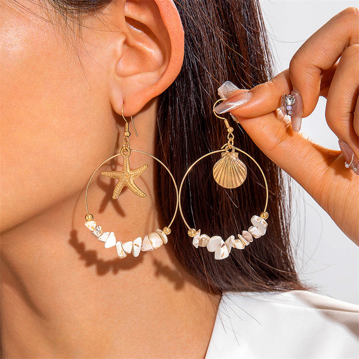 Wholesale Ocean Style Imitation Pearl Starfish Earrings Women's Gravel Asymmetrical Shell