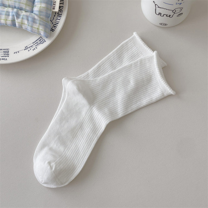 Wholesale Boneless solid color rolled edge vertical strip thin breathable cotton elastic mouth middle tube stacking socks