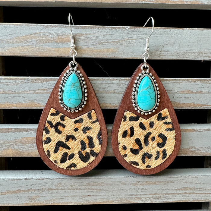 Wholesale Western genuine leather earrings classic horse hair leopard embossed cowhide water drop vintage earrings