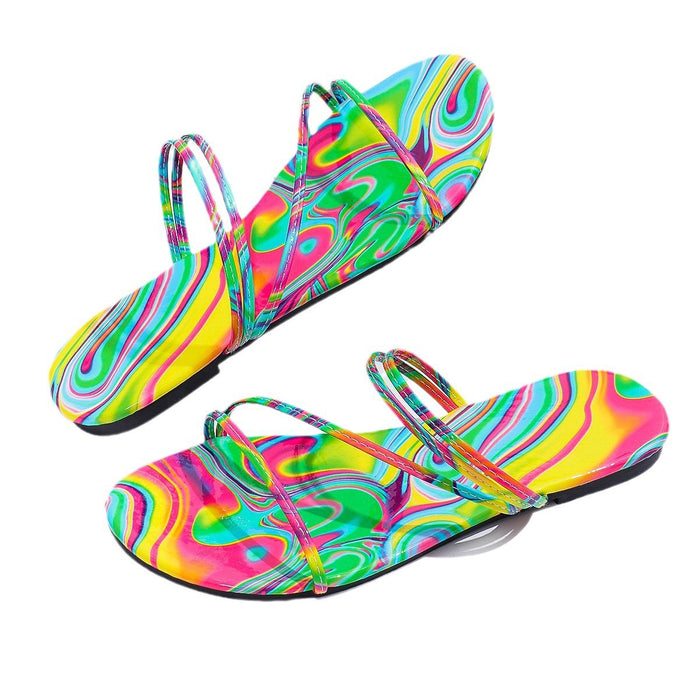 Wholesale  plus size Flat Graffiti Open Toe Slippers Women's  Round Toe All-match One-line Beach Sandals