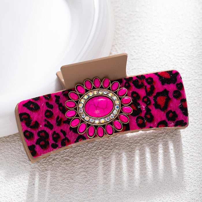 Wholesale Bohemian Turquoise Western Grabber Retro Leopard Sequin Leather Ethnic Style Shark Clip