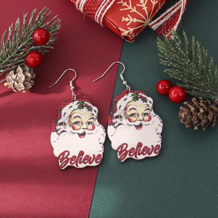 Wholesale Cartoon Christmas element printed wooden earrings for women Christmas tree earrings