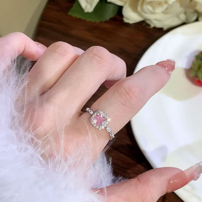 Wholesale Fashion Adjustable Pink Diamond Sugar Cube Ring Stylish Geometric Desig