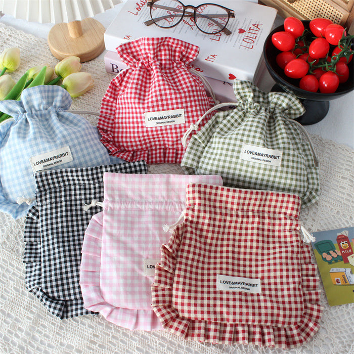 Wholesale Stylish Pink Plaid Drawstring Pouch With Lace Trim Multipurpose Travel Storage Bag For Makeup Brushes Fashion Accessory For Boutique Resale