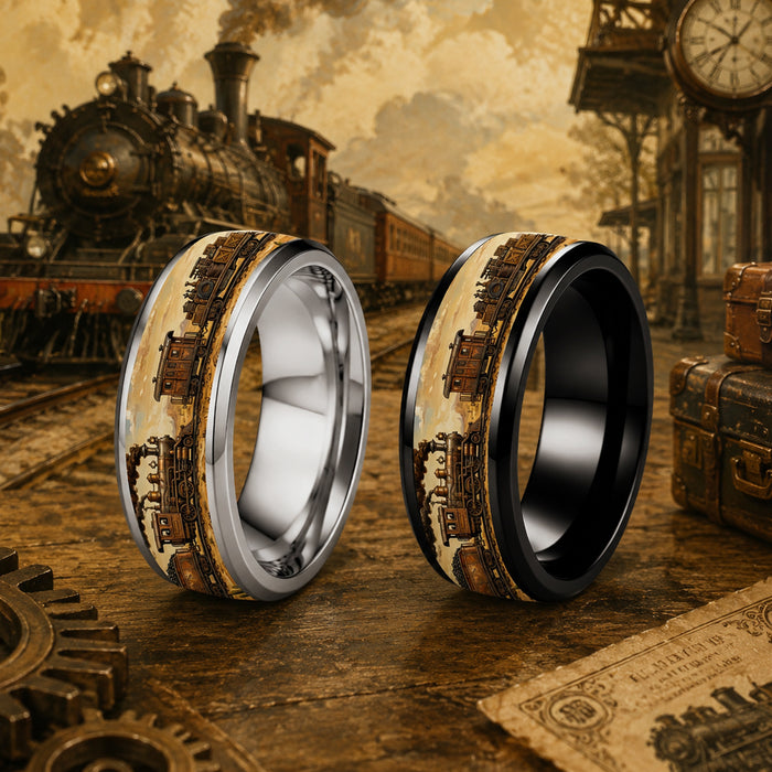 Wholesale 304 Stainless Steel Men' s Vintage Western Train Ring Silver Electroplated Jewelry Accessory