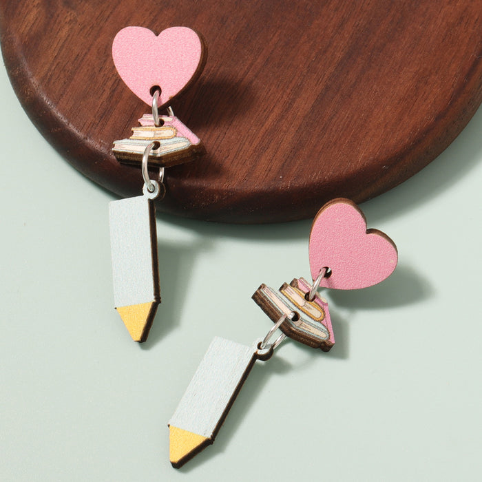 Wholesale wooden color printing Love Book long earrings niche all-match earrings