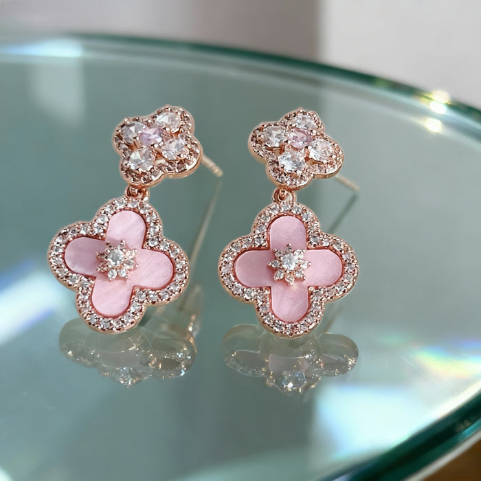 Wholesale Pink Shell Four-Leaf Earrings Silver Needles