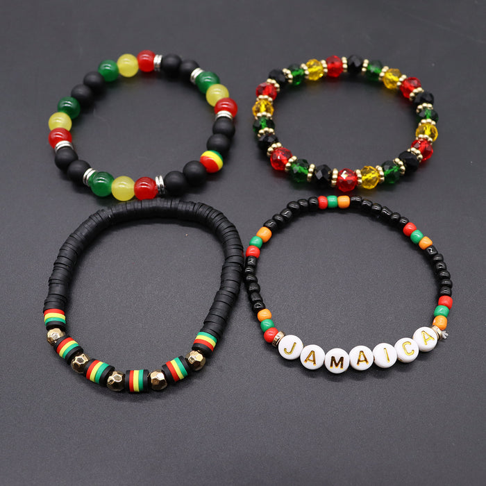 Wholesale Yellow Green Red Black Jamaica Stretch Bracelet Letter Resin Black Gallstone Wooden Beads Jamaica