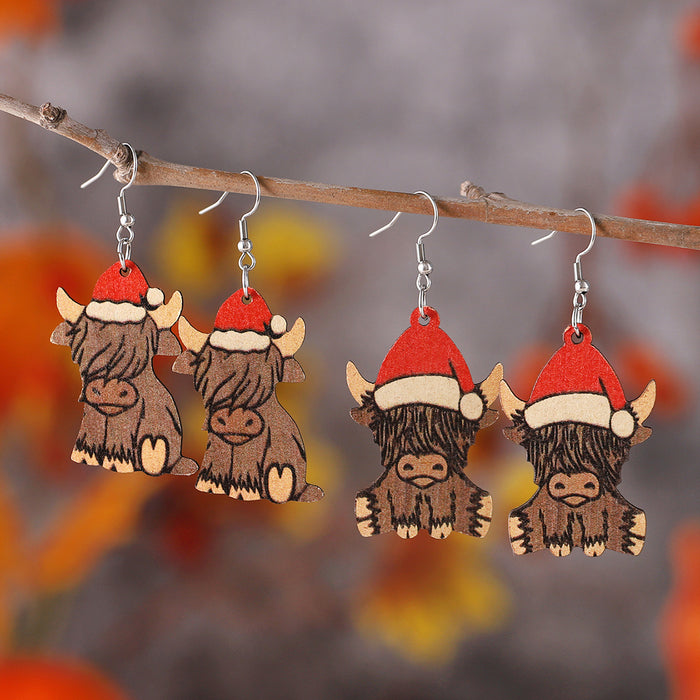 Wholesale Christmas Western Style Christmas Hat Alpine Cow Pendant Earrings Wooden Double-Sided Earrings Christmas Ornaments