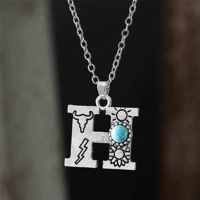Wholesale 2pcs Retro 26 English Letter Turquoise Necklace