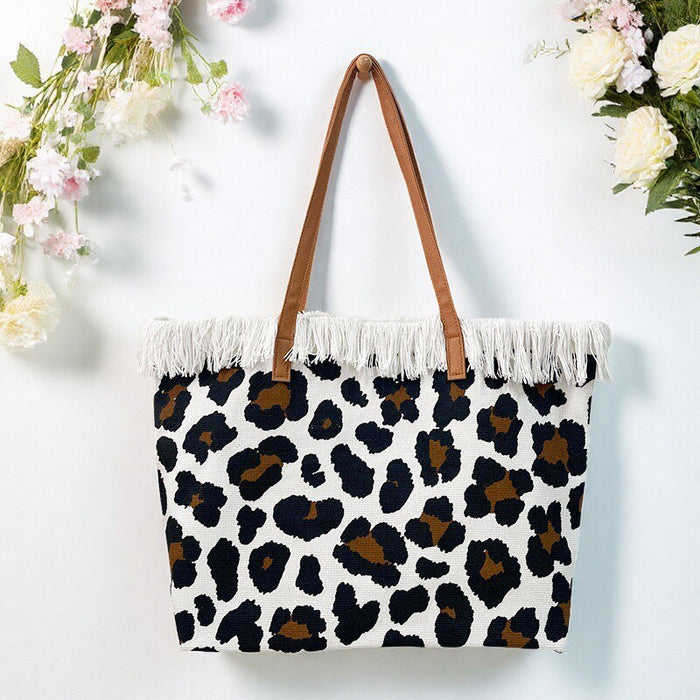 Wholesale New tassel leopard print shoulder bag, large capacity, versatile, fashionable with zipper bag, beach bag, women's tote bag