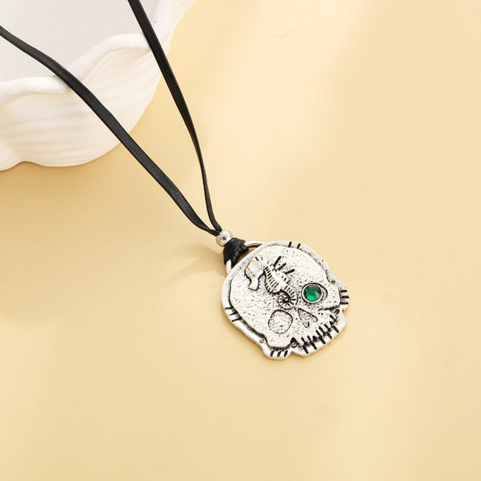 Wholesale Personalized skull pendant necklace adjustable long black leather rope sweater chain