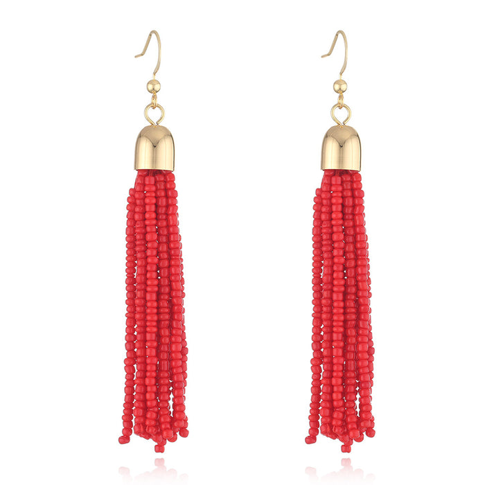 Wholesale Retro ethnic style handmade beaded earrings women' s elegant all-match Bohemian colorful tassel rice beads earrings