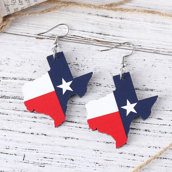 Wholesale Independence Day red,  white and blue stars Texas map state flag pendant wooden double-sided earrings