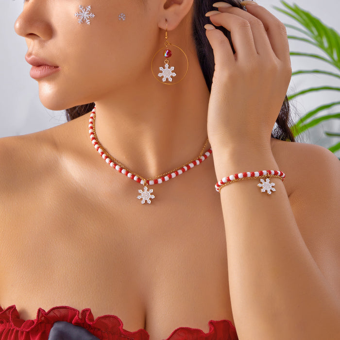 Wholesale Christmas Snowflake Elk Pendant Women' s Retro Color block Rice Bead Christmas Party Necklace Bracelet Set