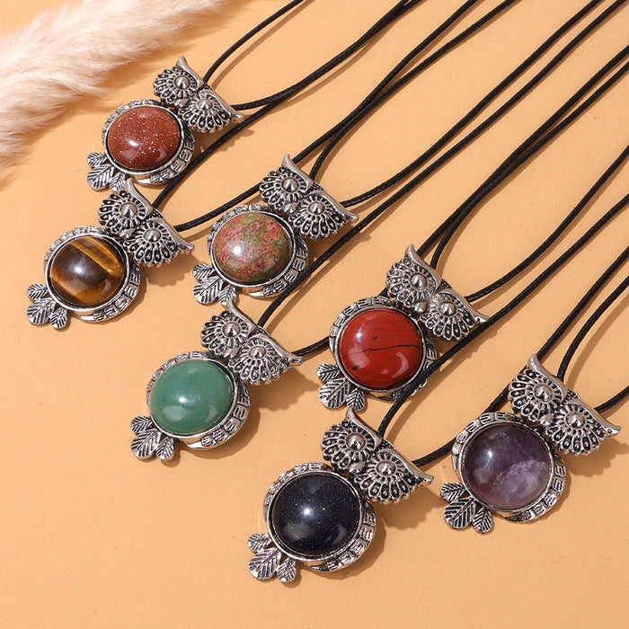 Wholesale Owl pendant necklace with semi precious stones tiger' s eye and amethyst