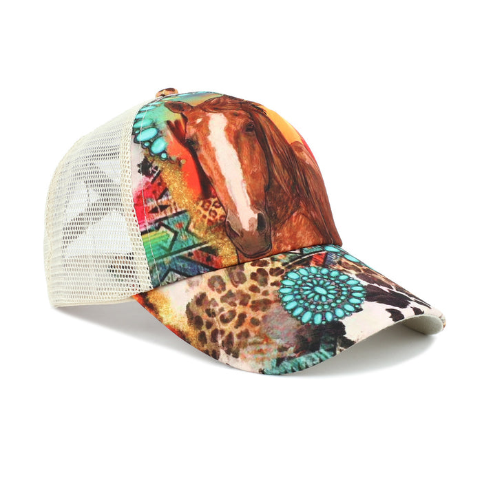 Wholesale Cotton Western Style Horse Turquoise Baseball Cap Mesh Cap JDC-FH-RongZ008