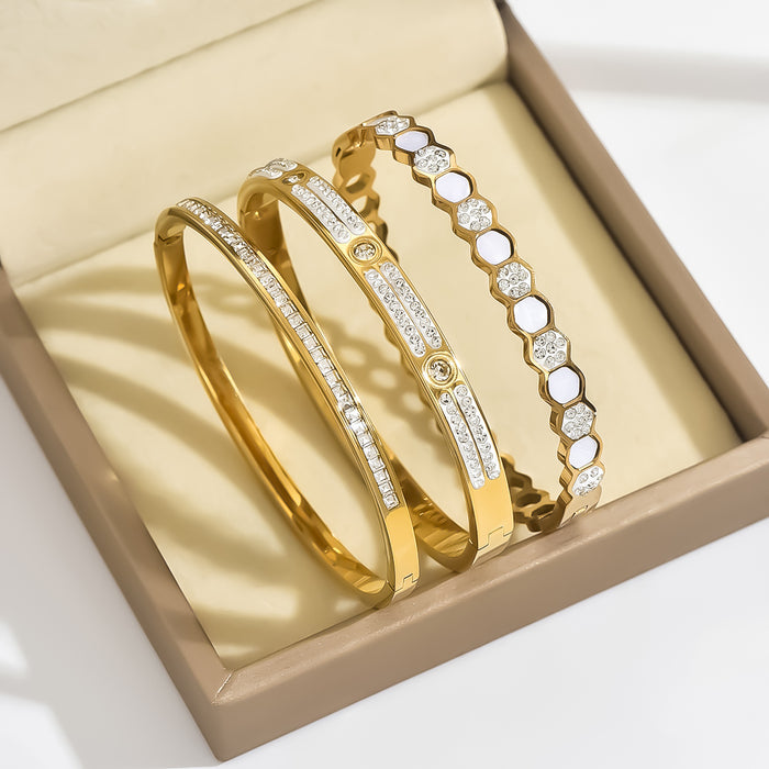 Wholesale Stylish Geometric Mother Of Pearl Rhinestone Bracelet Titanium Steel Gold Finish Everyday Jewelry Accessory