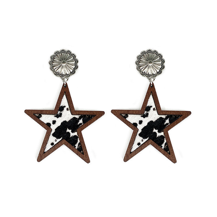 Wholesale Western Denim five-pointed star Natural genuine leather earrings leopard print milk pattern inlaid earrings