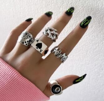 Wholesale Dark Retro Creative Spades a Card Ring Five-Piece Set Women' s Personalized Hand Accessories National Show Aliexpress Hot Selling