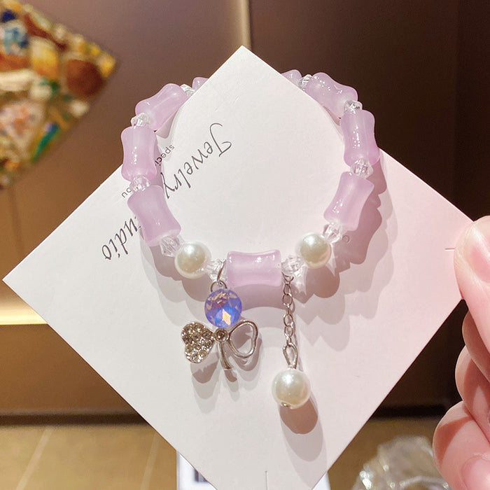 Wholesale Hand Beaded Powder Pink Bamboo Four Leaf Clover Bracelet MOQ≥2