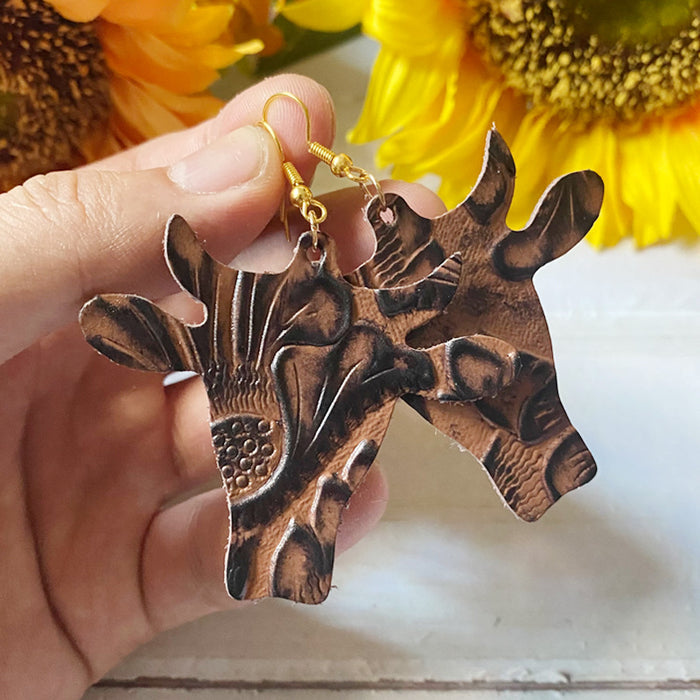 Wholesale Western genuine leather earrings European and American retro cow head cowhide embossed earrings