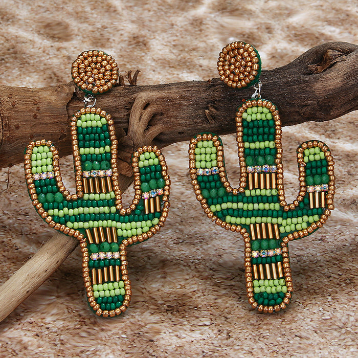 Wholesale Creative Retro Green Cactus Beaded Earrings