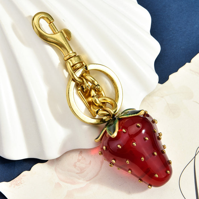 Wholesale Red Strawberry Keychain Bag Charm Cute Fruit Design Decorative Accessory Alloy Pendant For Women S Bag Boutique Resale