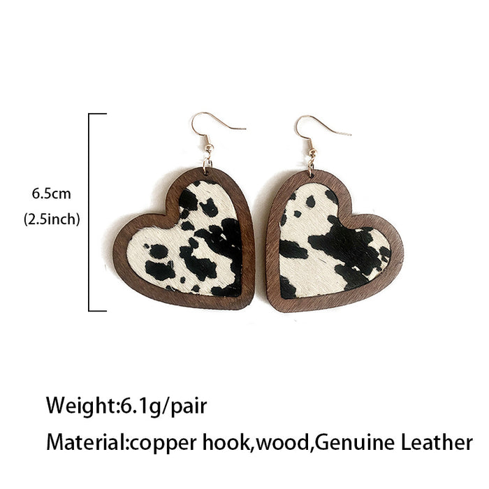 Wholesale  Valentine' s Day Genuine Leather Earrings Love Leopard Horse Hair Inlaid Wooden Earrings