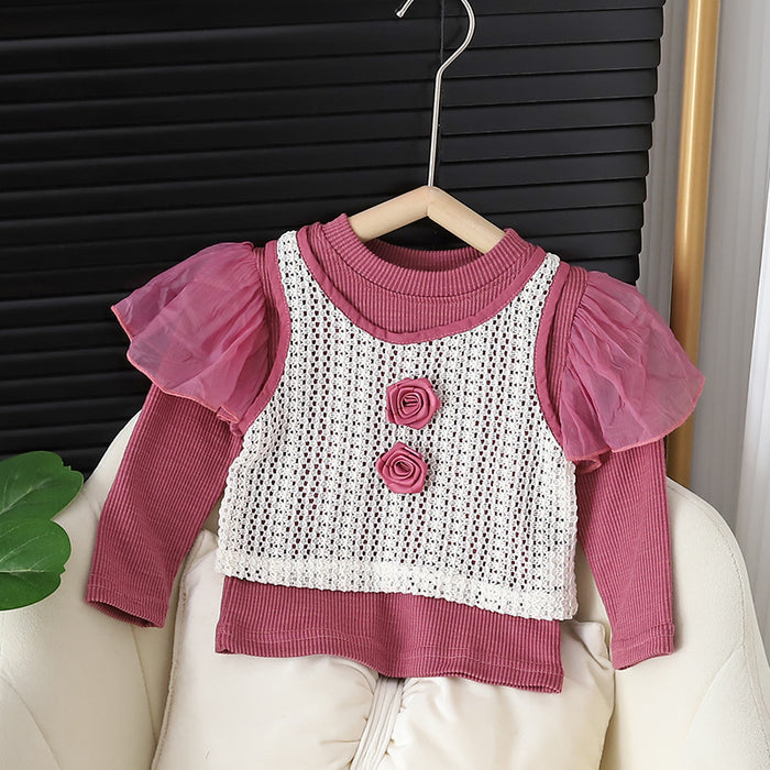 Wholesale Children's Clothing Girls Autumn Clothes Puff Sleeve Round Neck JDC-CTS-MianY046